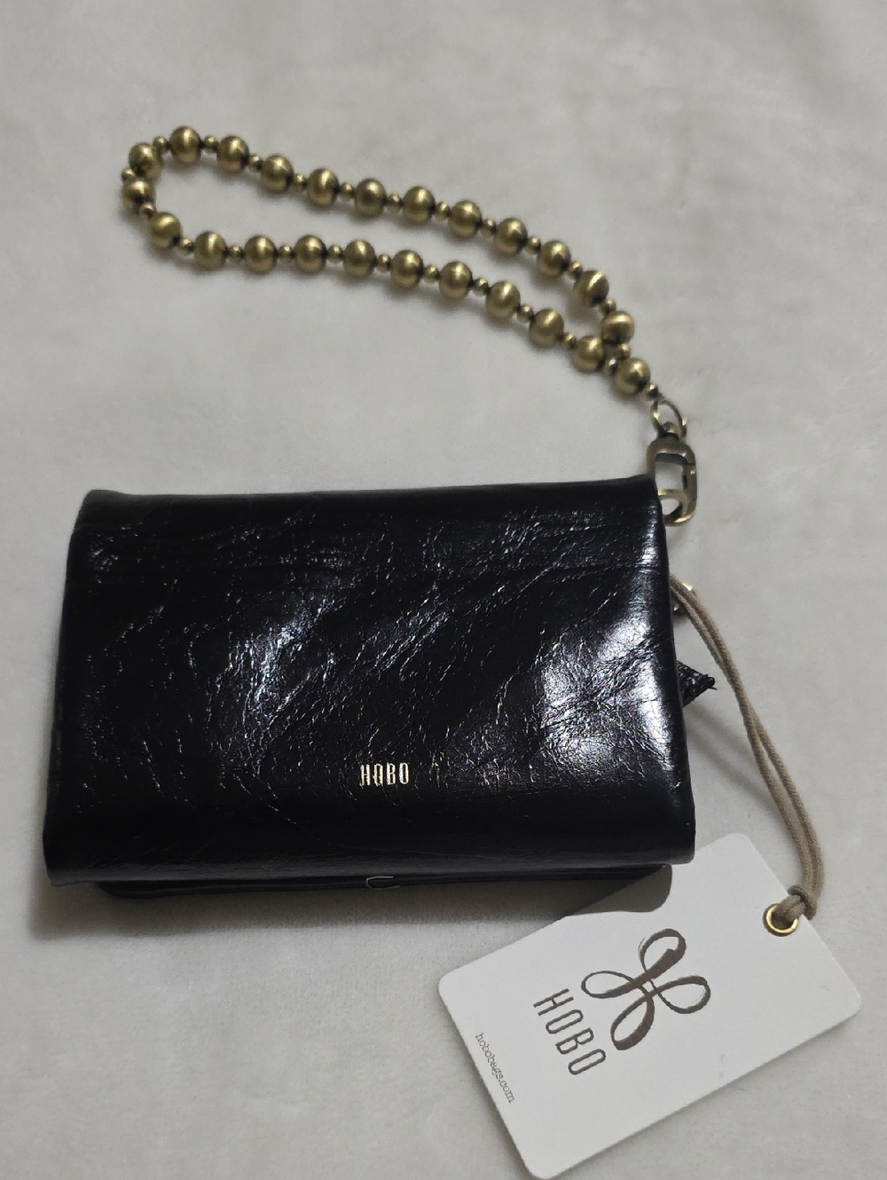 HOBO "ROSS" Black Leather Wristlet Wallet with Gold Bead Strap